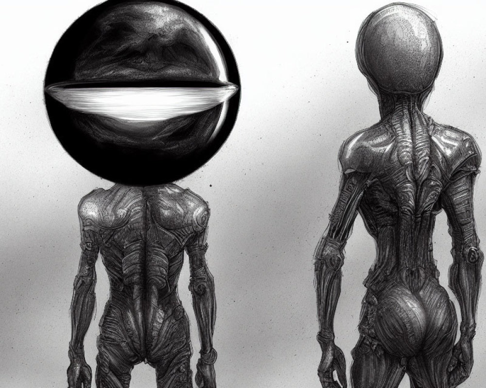 Detailed sketch of two humanoid alien figures with obscured faces, one facing front and the other turned, showcasing