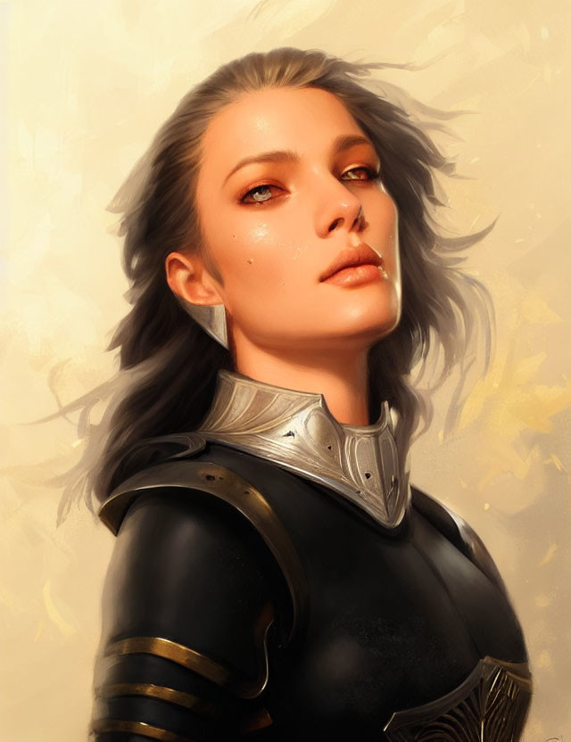 Fair-skinned woman in plate armor against warm backdrop