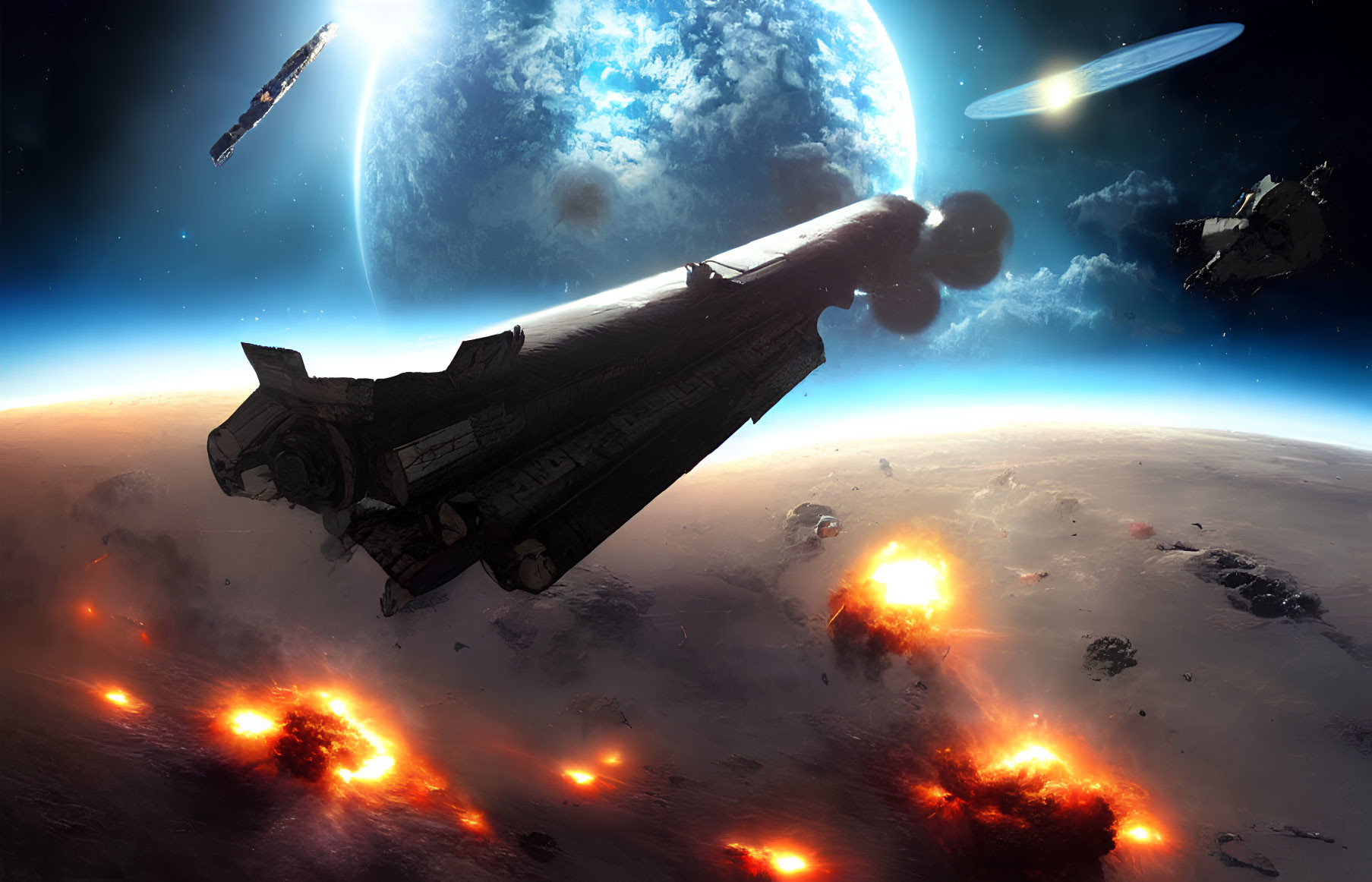 Explosive space battle with planet backdrop & starship foreground