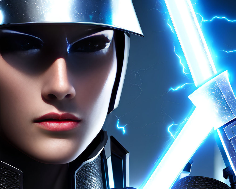 Futuristic warrior woman with reflective helmet and energy swords