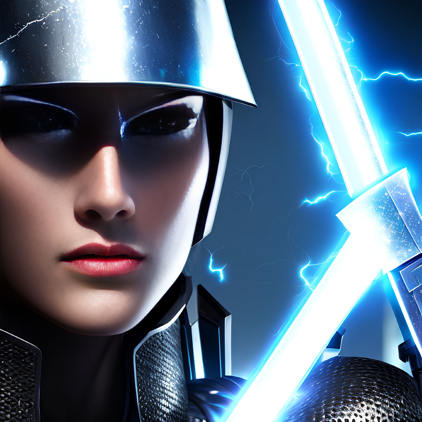 Futuristic warrior woman with reflective helmet and energy swords