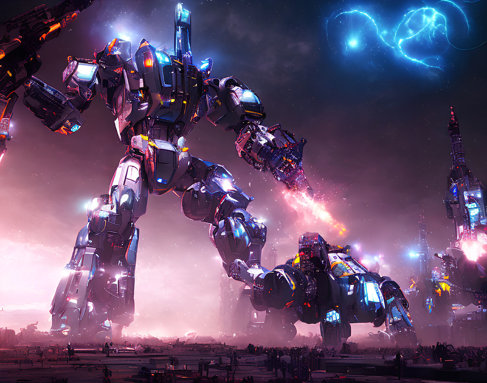 Giant robot in futuristic city with flying vehicles & energy bursts