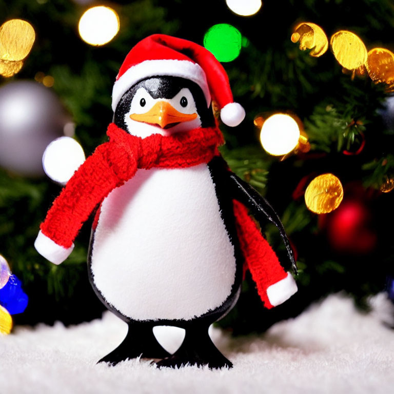 Plush Penguin Toy with Red Scarf and Santa Hat by Christmas Tree