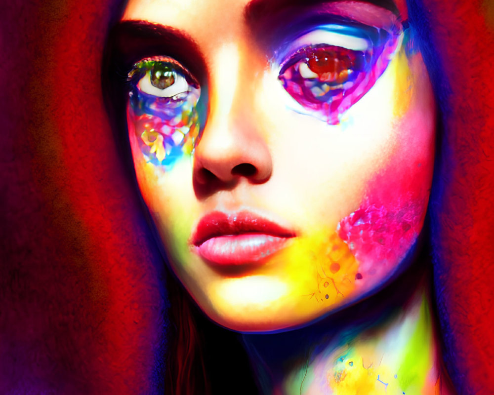 Colorful Digital Portrait with Intense Eyes and Paint Splash on Dark Background