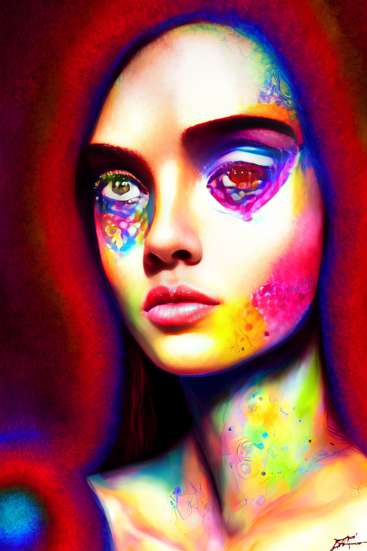 Colorful Digital Portrait with Intense Eyes and Paint Splash on Dark Background