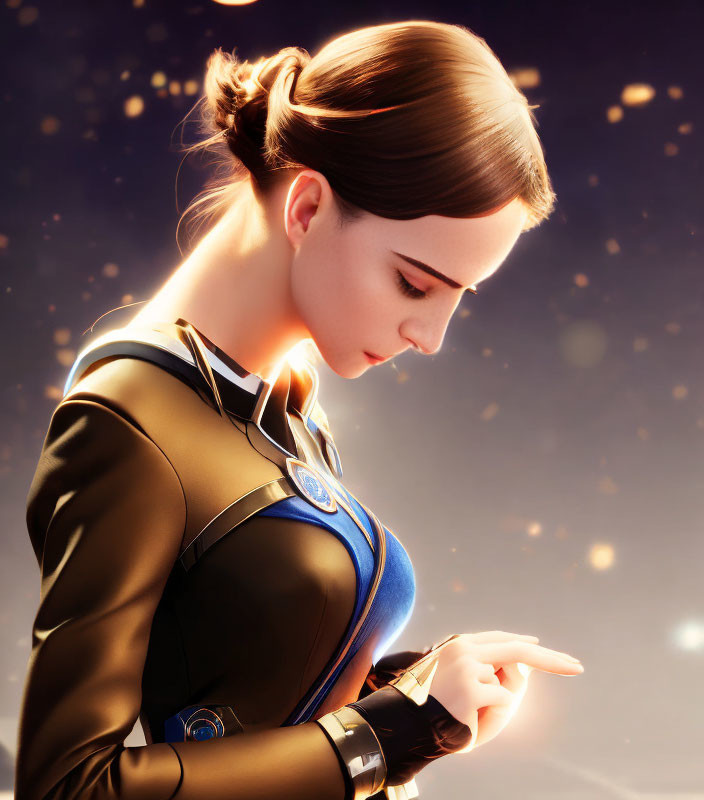 Futuristic digital illustration of woman in glowing suit