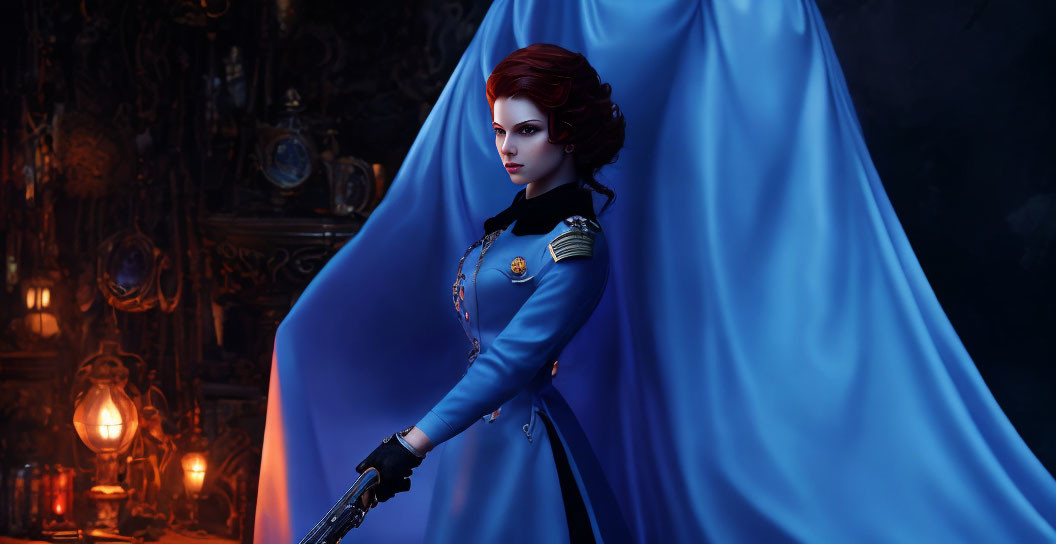 Digital artwork: Woman with red hair in blue military uniform holding pistol in dimly lit room with occult