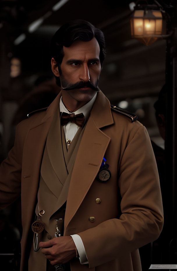 Dapper man with mustache in tan trench coat and pocket watch on dark backdrop