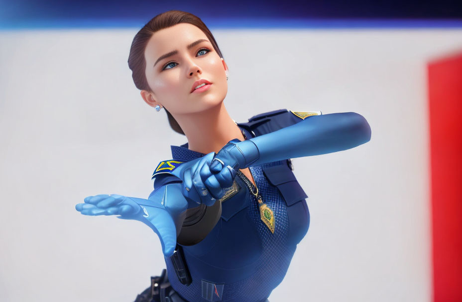 Stylized 3D Female Figure with Robotic Arm in Futuristic Blue Uniform