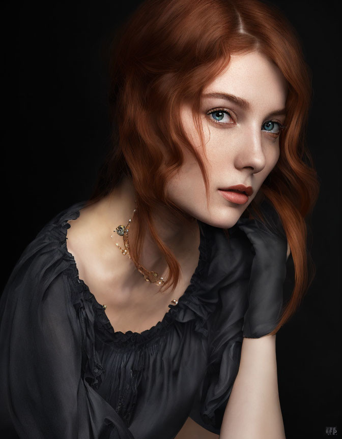 Woman with Red Hair and Blue Eyes in Dark Blouse on Black Background