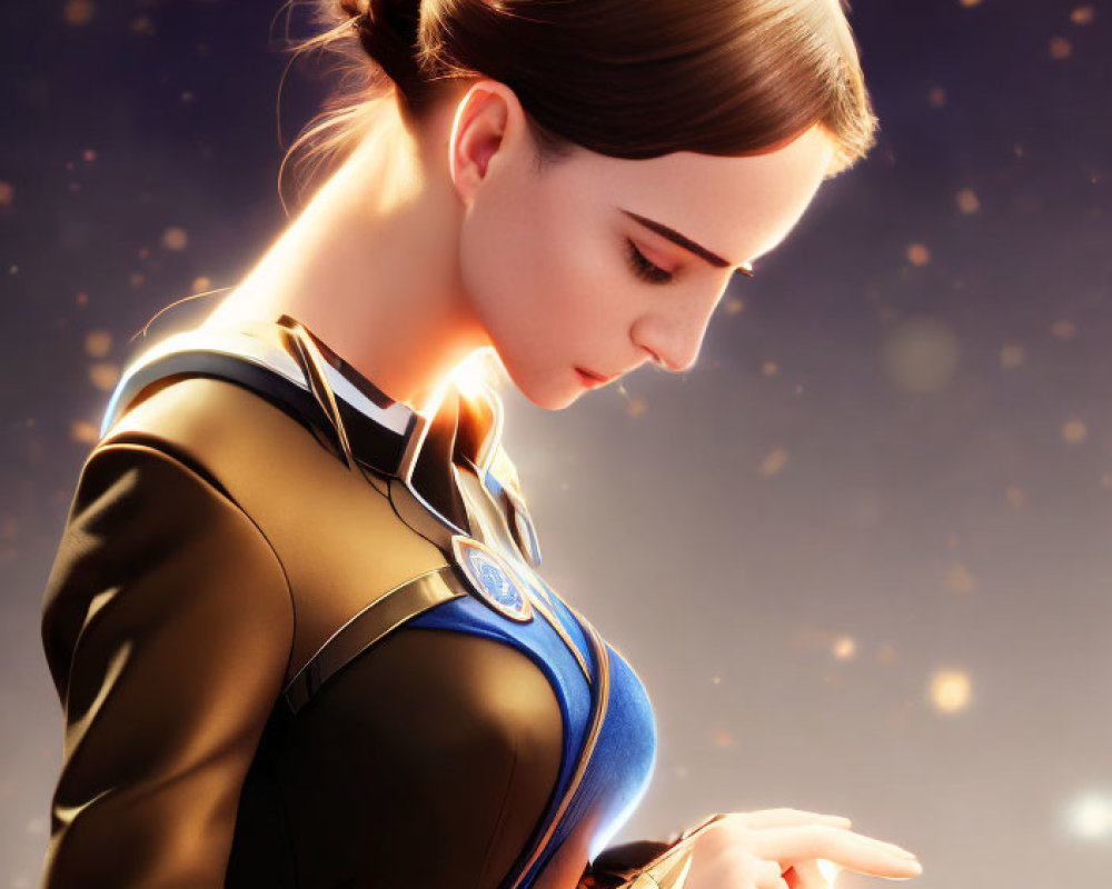 Futuristic digital illustration of woman in glowing suit