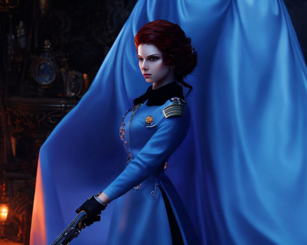 Digital artwork: Woman with red hair in blue military uniform holding pistol in dimly lit room with occult