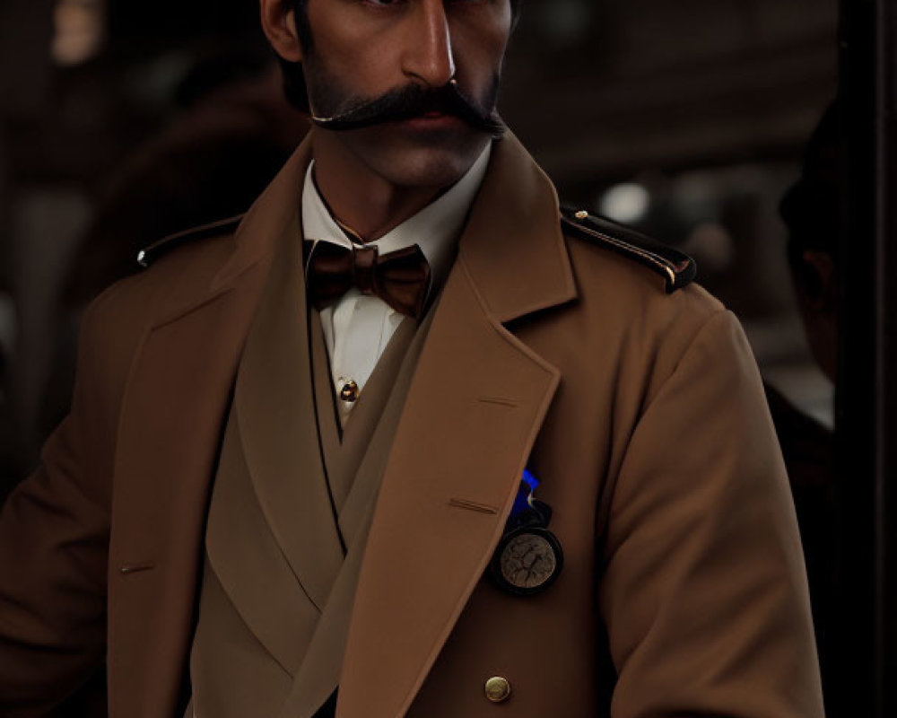 Dapper man with mustache in tan trench coat and pocket watch on dark backdrop