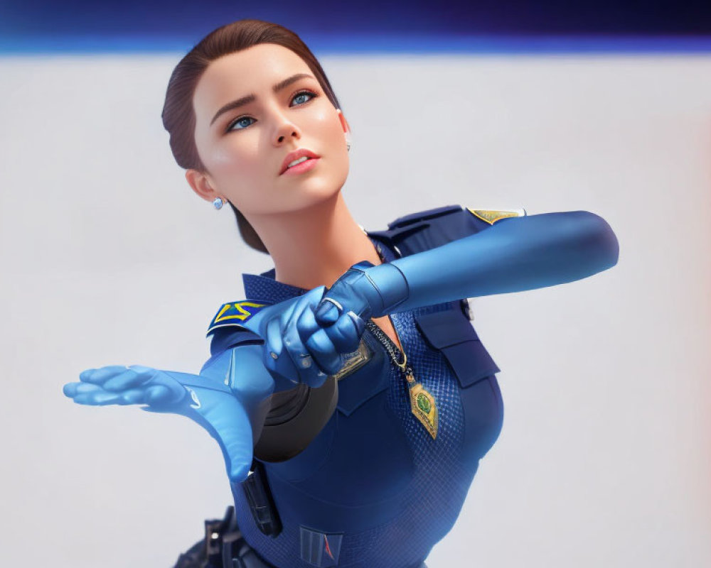 Stylized 3D Female Figure with Robotic Arm in Futuristic Blue Uniform