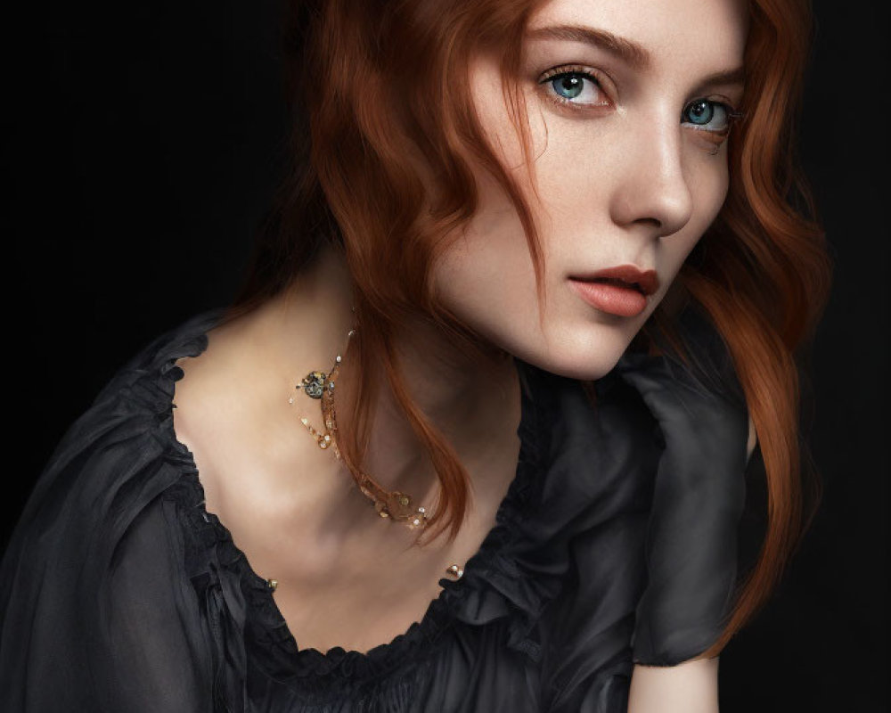 Woman with Red Hair and Blue Eyes in Dark Blouse on Black Background