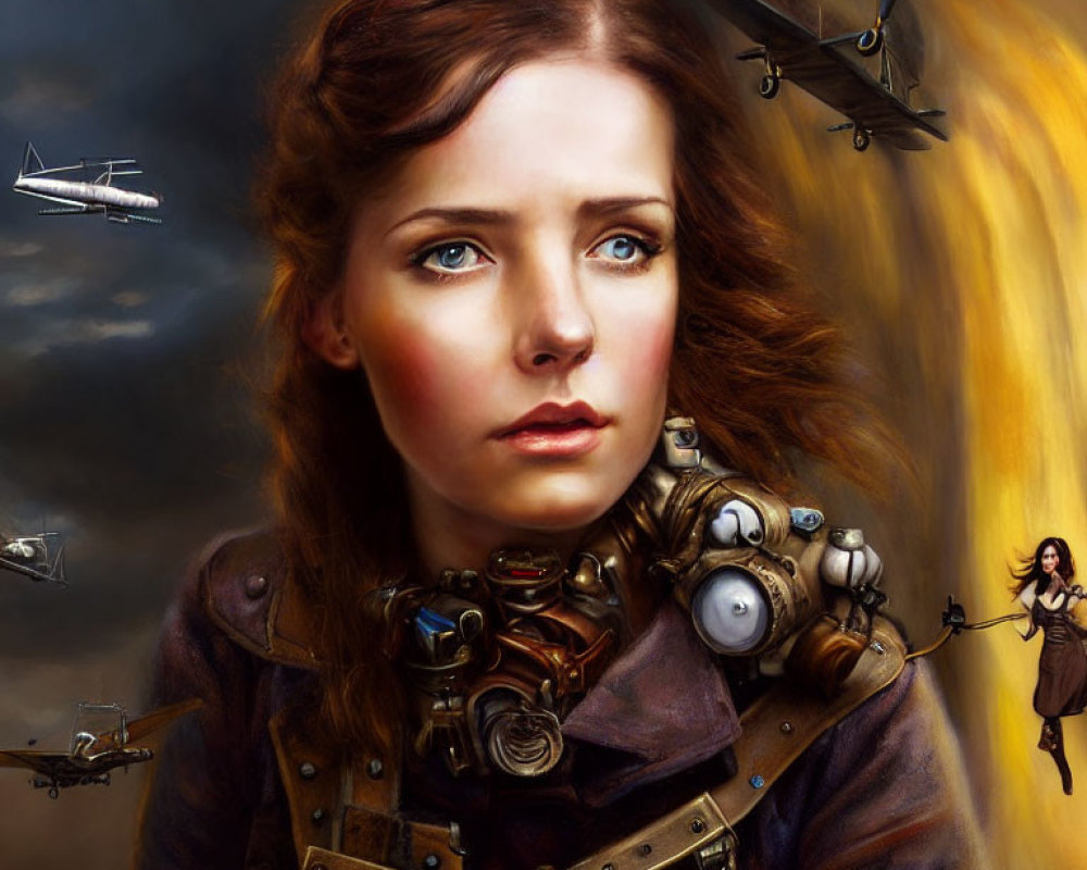 Surreal steampunk portrait with airplanes and glowing swirls