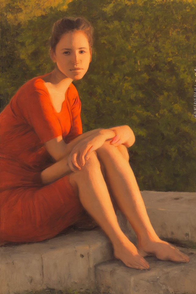 Woman in Red Dress Sitting on Stone Steps in Warm Sunlight