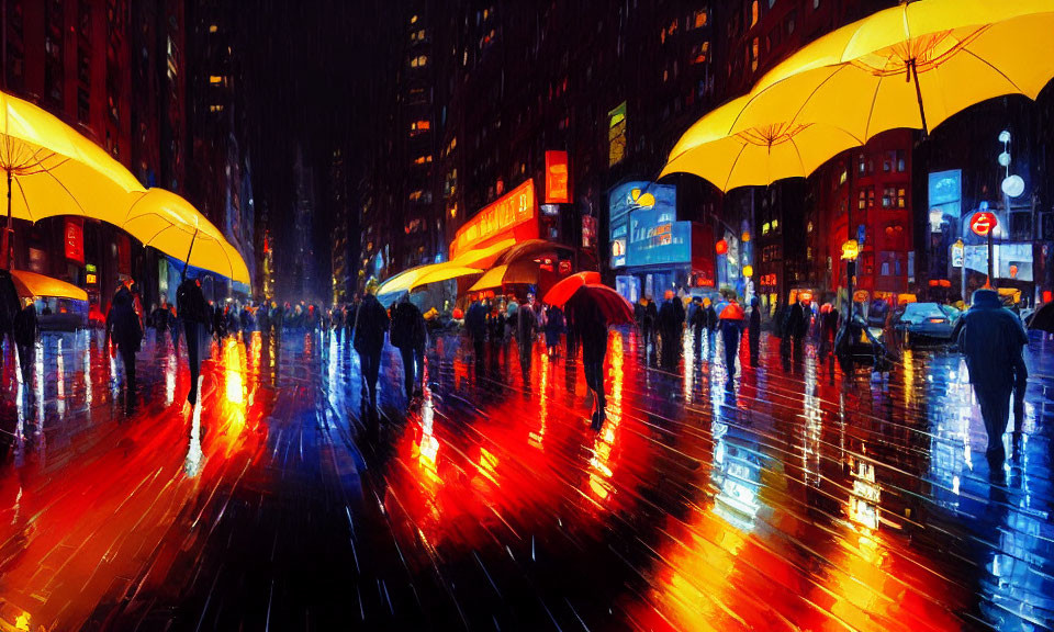 Rainy Night Street Scene with Yellow Umbrellas and City Lights