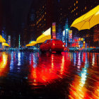 Rainy Night Street Scene with Yellow Umbrellas and City Lights