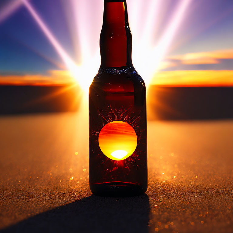 Sunset silhouette of beer bottle on sandy surface