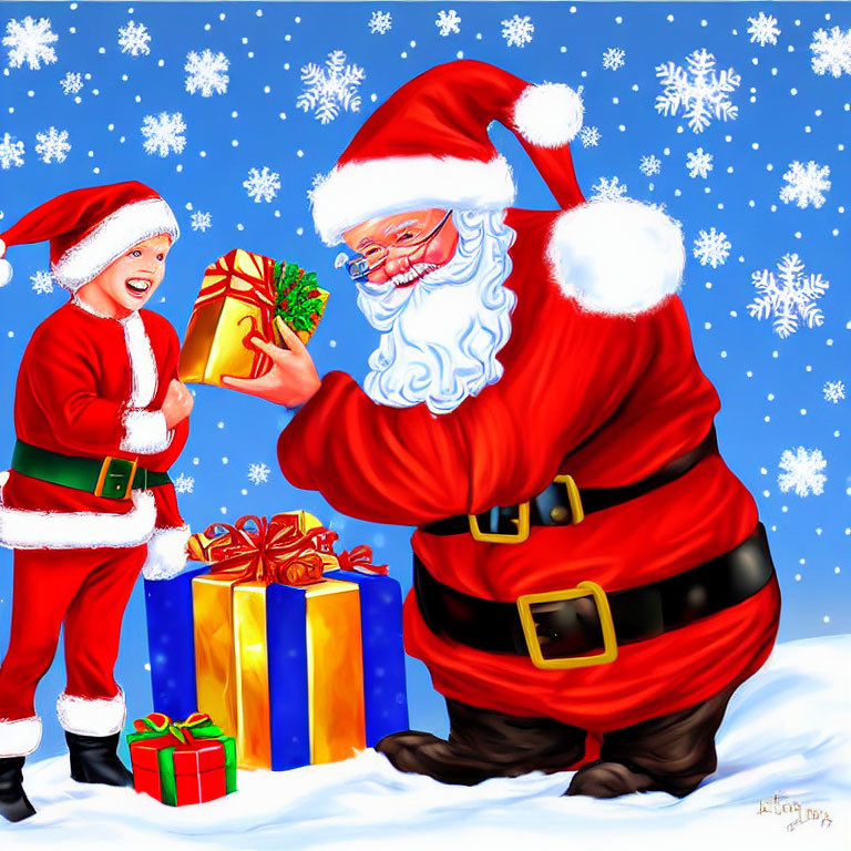 Santa Claus presents gift to happy child in snowy scene