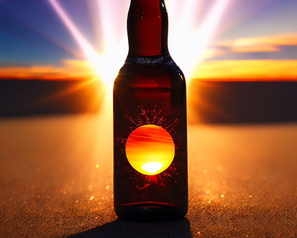 Sunset silhouette of beer bottle on sandy surface