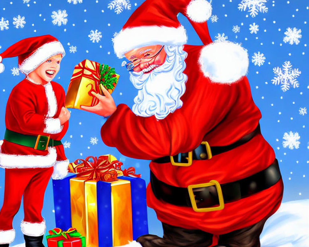 Santa Claus presents gift to happy child in snowy scene