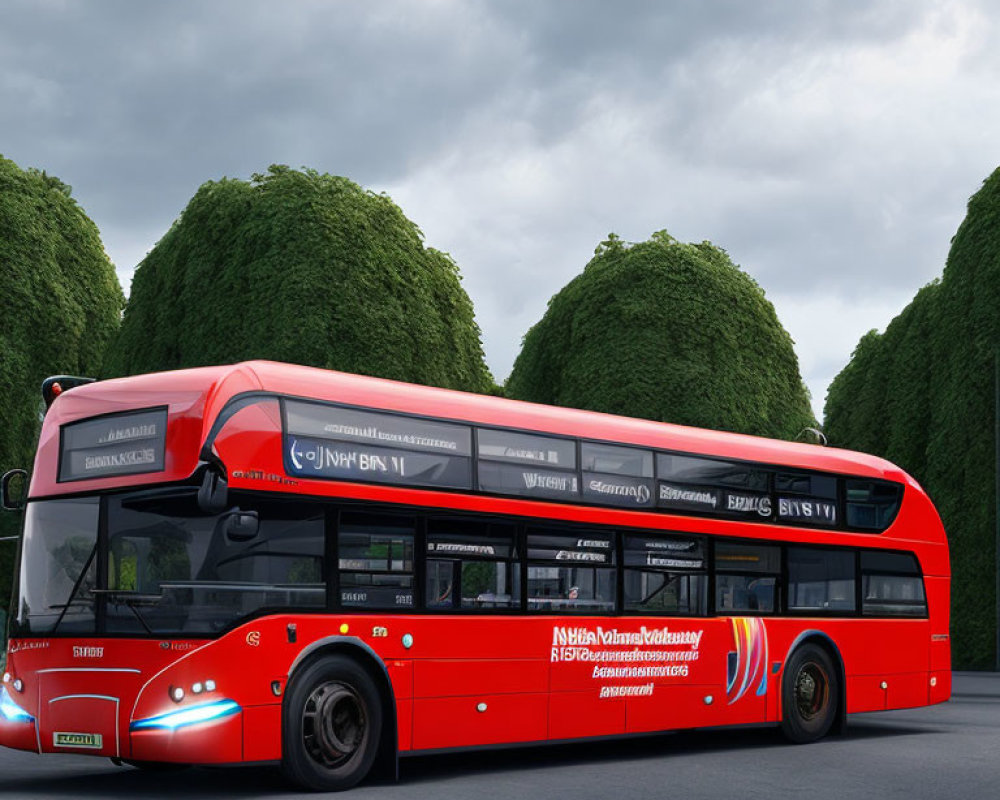 Red electric city bus on asphalt road with green hedges and overcast skies