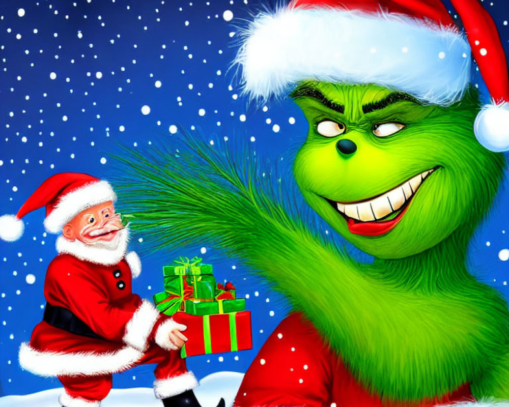 Santa Claus and the Grinch exchanging gifts in snowy scene