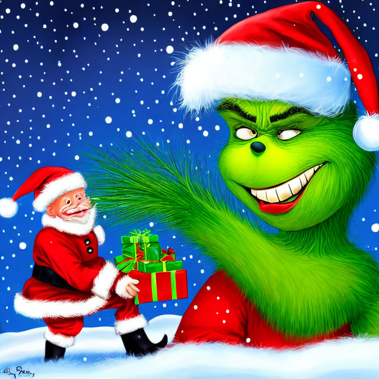 Santa Claus and the Grinch exchanging gifts in snowy scene
