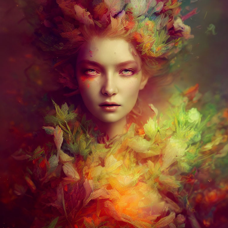 Person portrait with ethereal expression in vibrant autumn leaf swirl