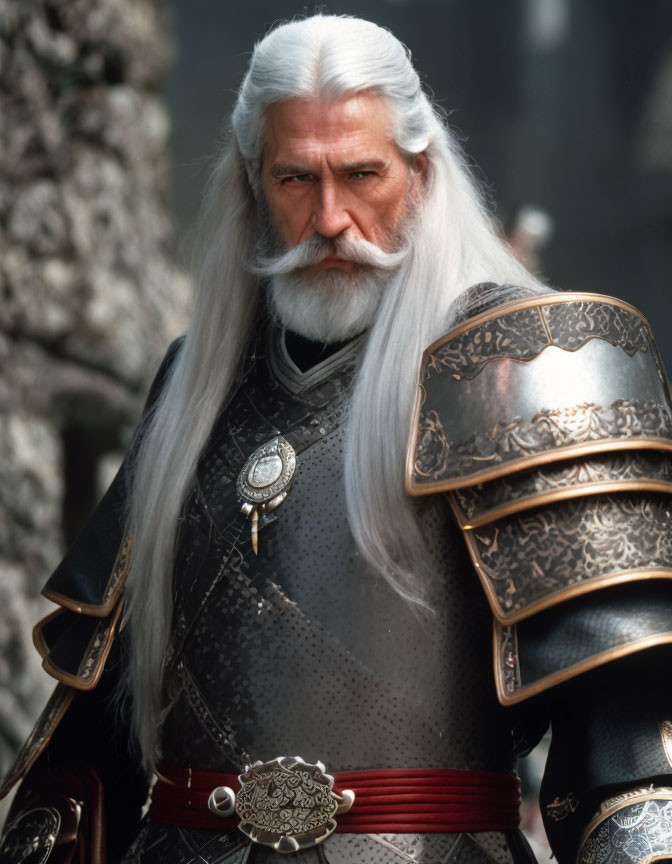 Elderly man in white beard wearing detailed medieval armor