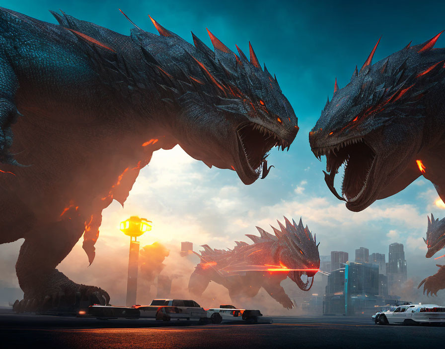 Colossal dragons overlooking city street at dusk