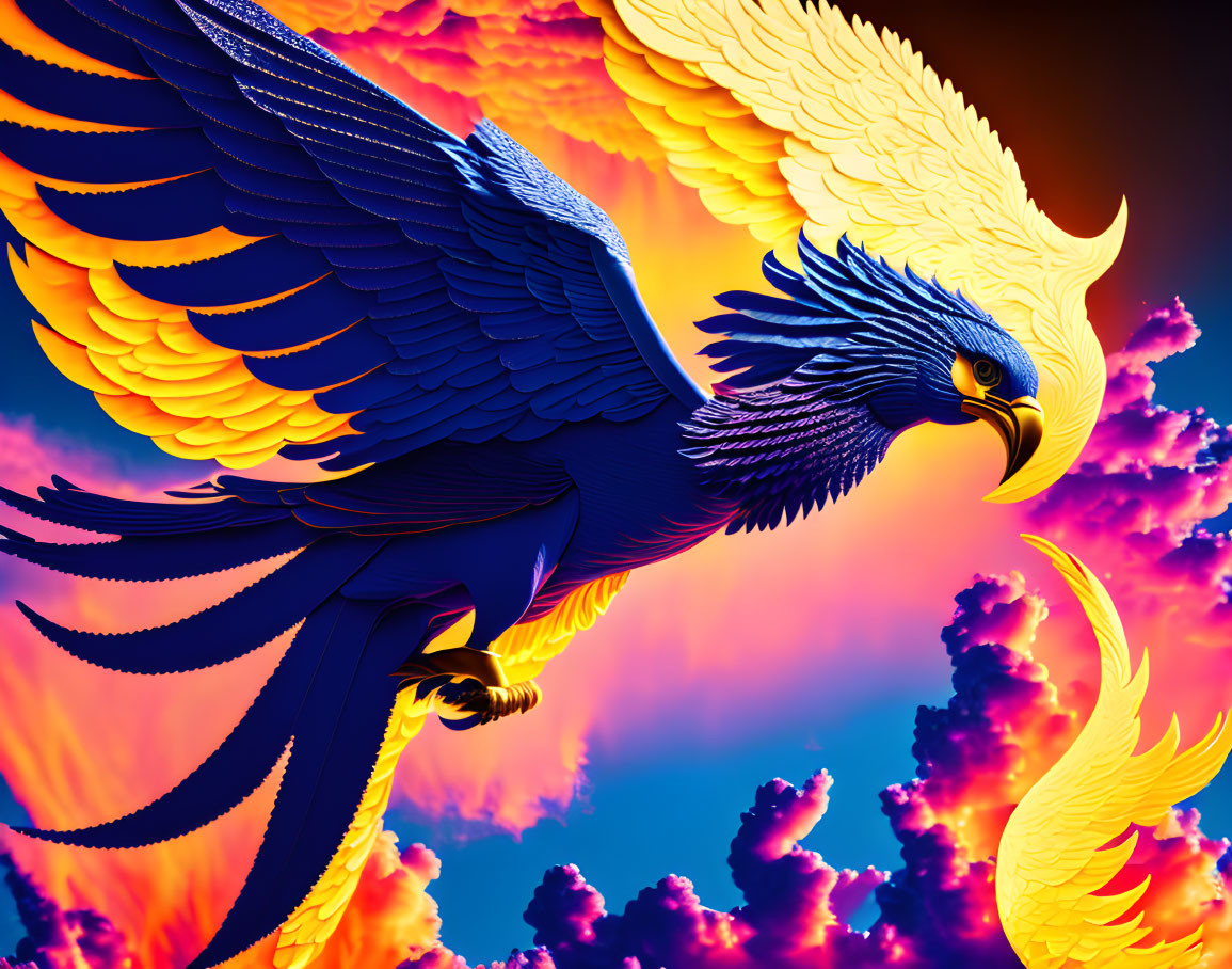 Colorful Digital Art: Blue and Yellow Eagle Soaring Amid Fiery Clouds