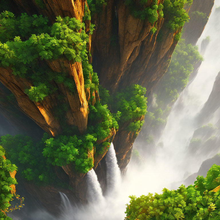 Lush trees on cliff with cascading waterfall in misty chasm