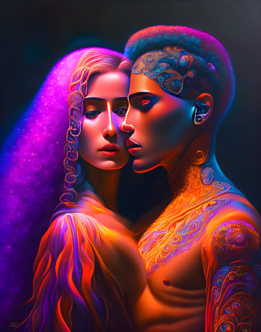 Digital artwork: Stylized individuals with intricate body patterns and colorful lighting embracing closely