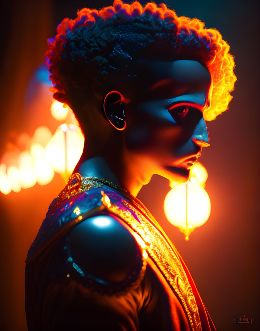 Curly Haired Person in Profile View with Futuristic Makeup and Neon Lighting