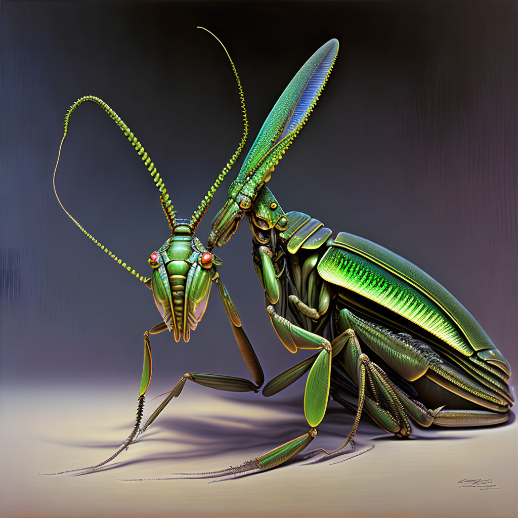 Detailed Realistic Illustration of Metallic Green Praying Mantis