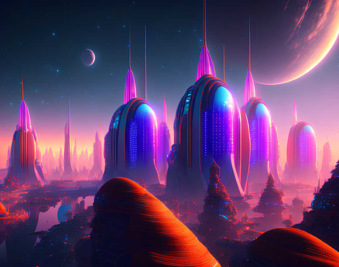 Futuristic cityscape at dusk with neon lights and celestial bodies.