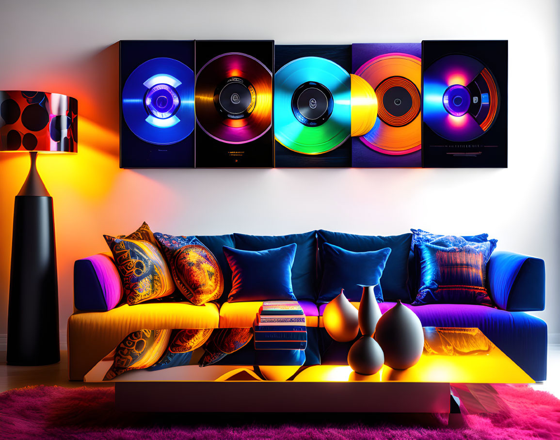 Colorful Sofa, Decorative Pillows, Modern Lamp, Vinyl Record Art in Vibrant Living Room