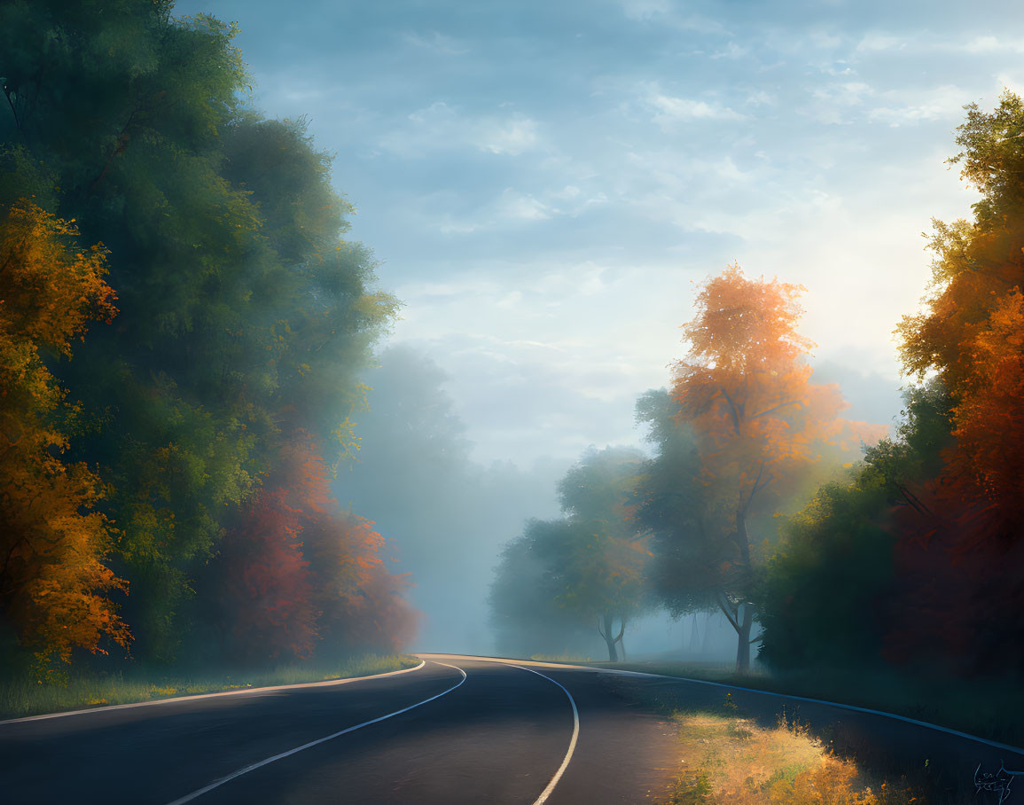 Tranquil autumn forest road with vibrant fall colors