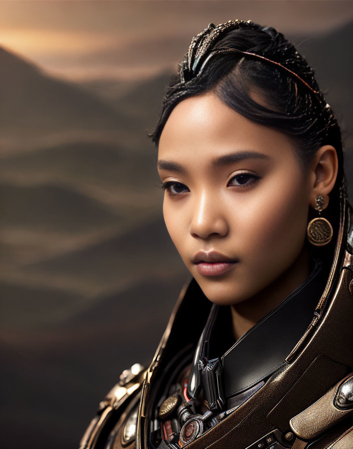 Portrait of woman with braided hair in regal headpiece and armor, set against mountainous backdrop