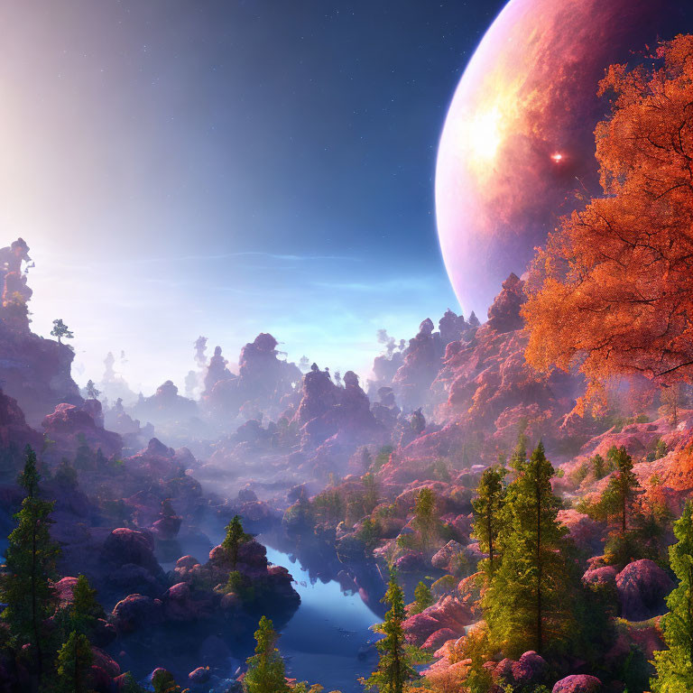 Tranquil forest landscape with misty river and giant planet