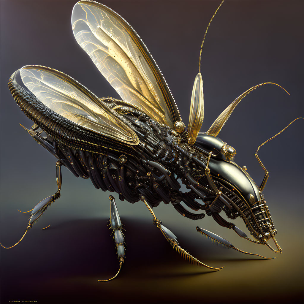 Detailed Digital Artwork: Mechanical Insect with Golden and Silver Metallic Parts