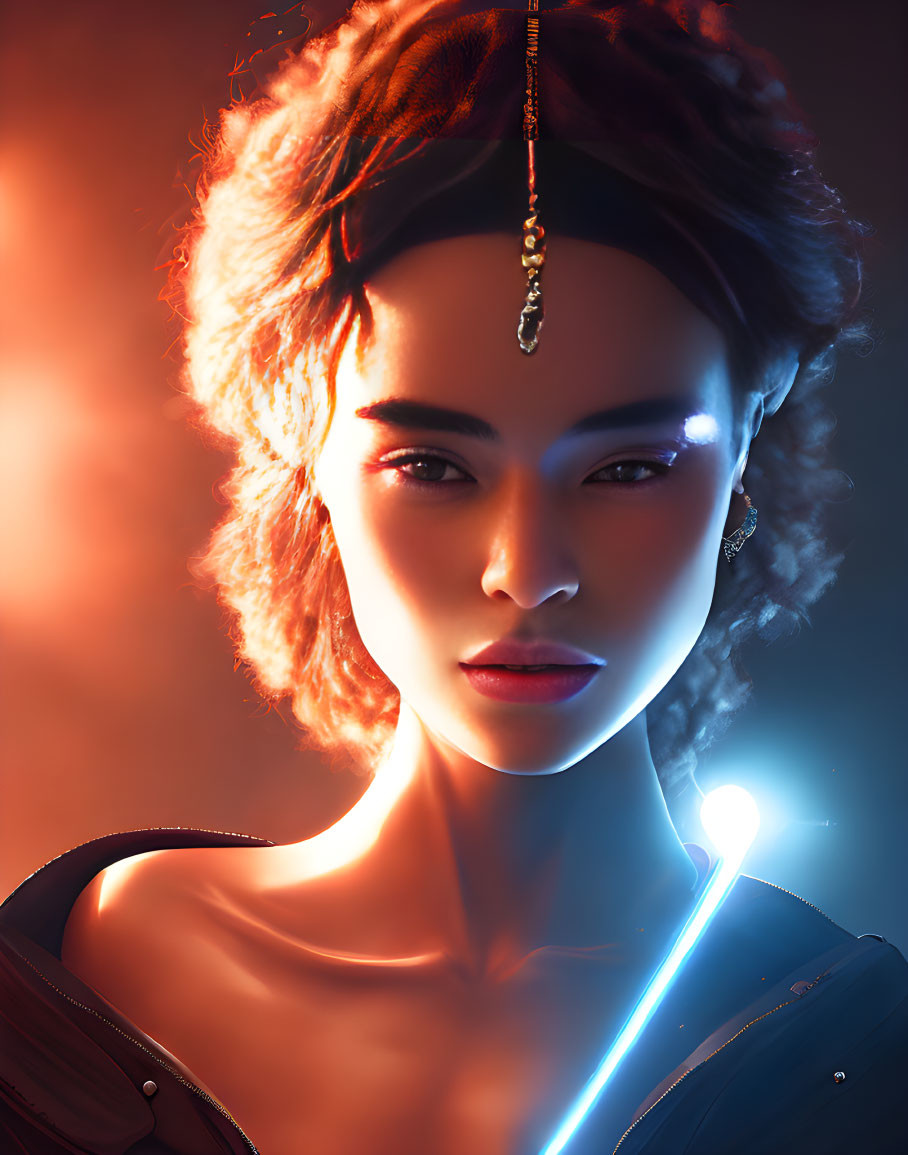 Intense gaze digital portrait of a woman with warm backlighting