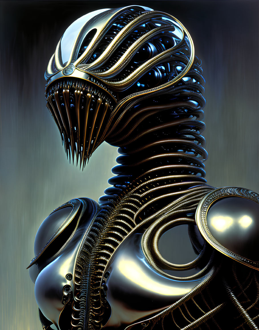 Futuristic metallic entity with biomechanical design and intricate tubing