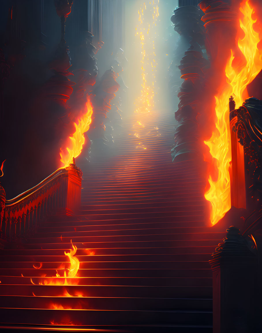 Flaming ornate staircase in dramatic setting