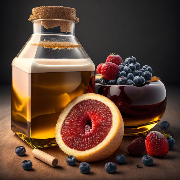 Glass jar of honey with wooden dipper and berries, strawberries, blueberries, sliced blood orange