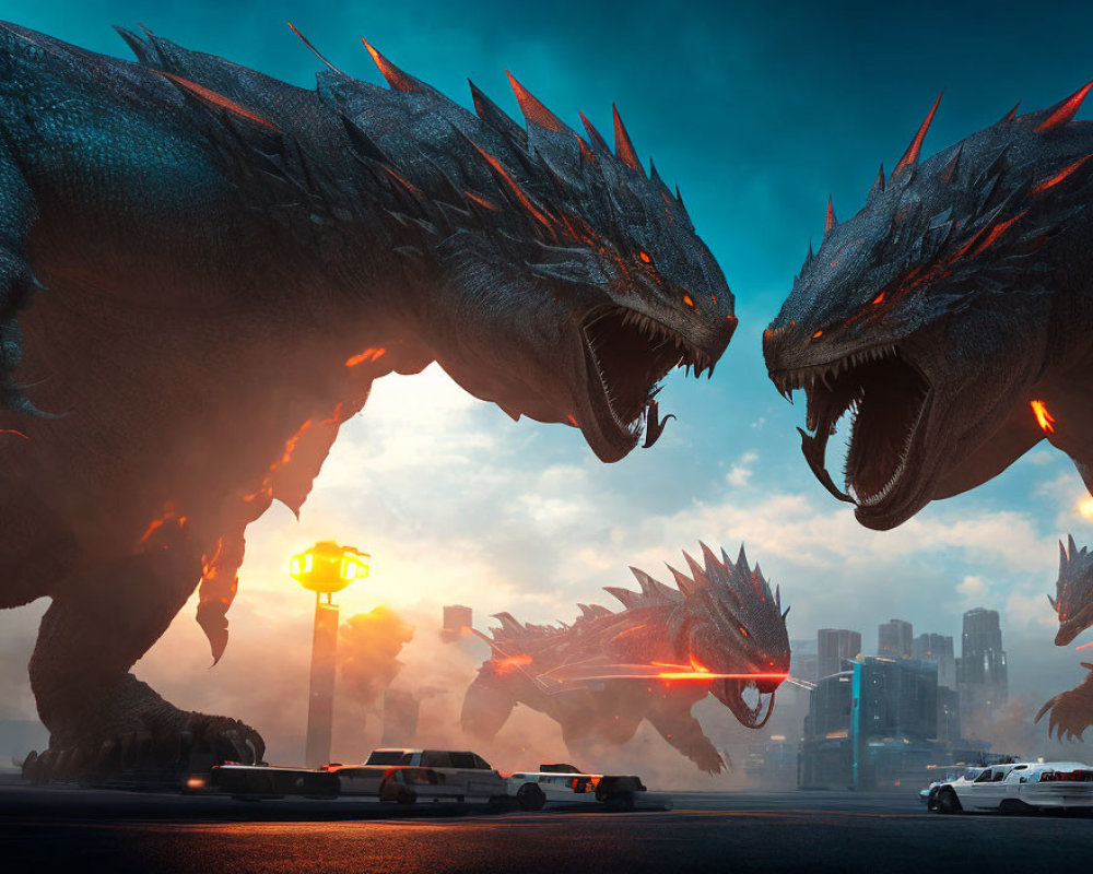 Colossal dragons overlooking city street at dusk