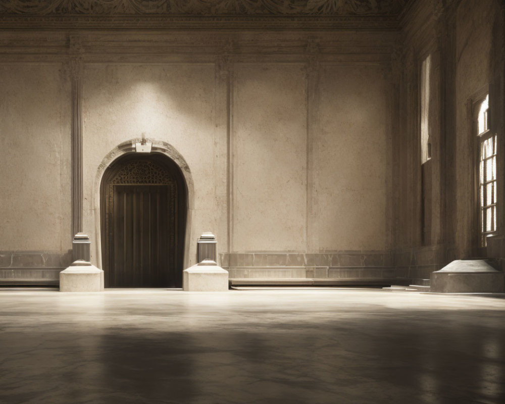 Sunlit Room with Glossy Floor, Ornate Wooden Door, Stone Pedestals, and Decor